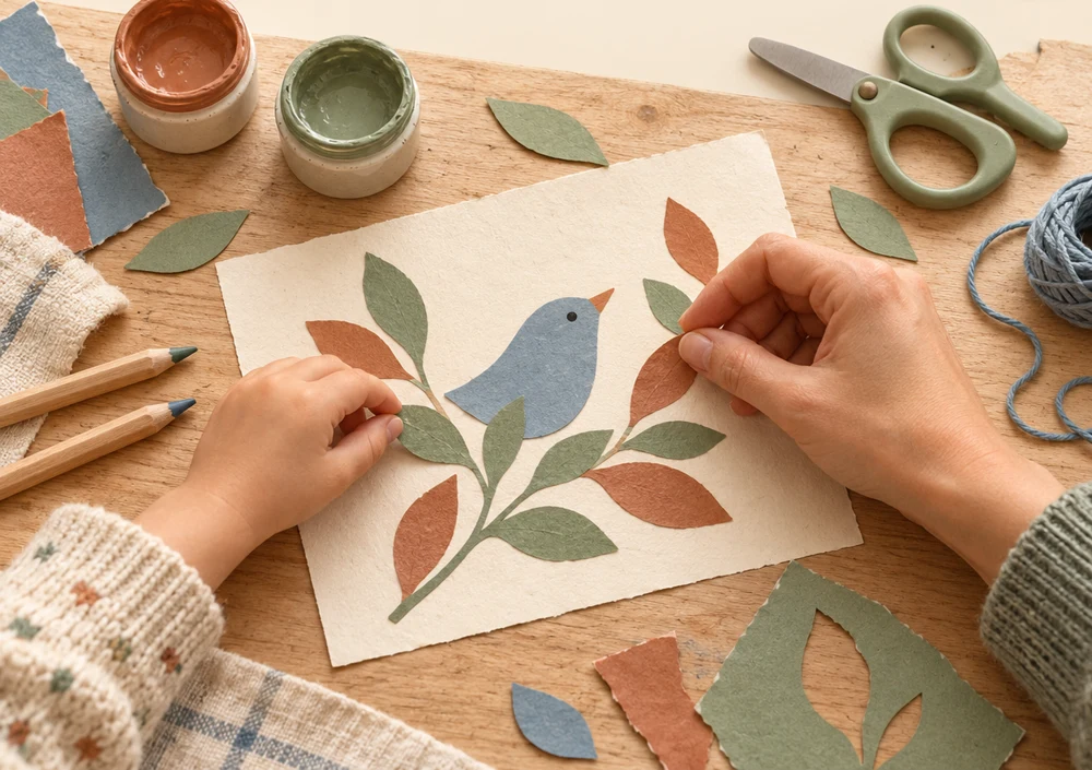 An adult and child arranging paper leaves and a bird together